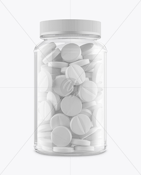 Clear Glass Bottle with Rounded Pills Mockup - Front View