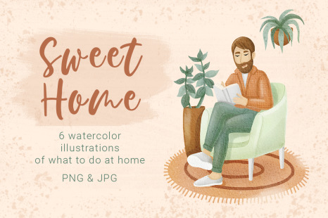 Sweet home watercolor clipart, Stay home illustrations, Quarantine clipart, relax clipart - Happy family