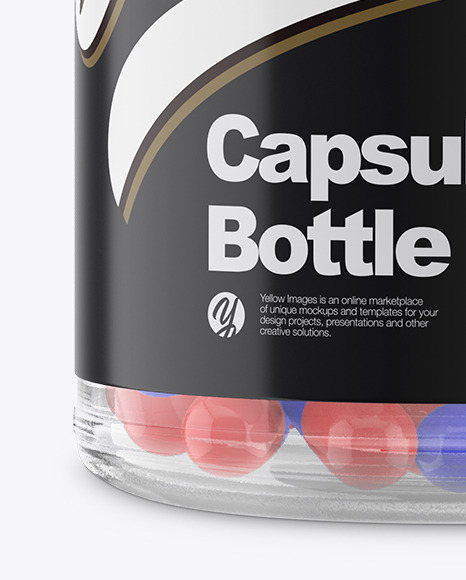 Clear Glass Bottle with Capsules Mockup - Front View