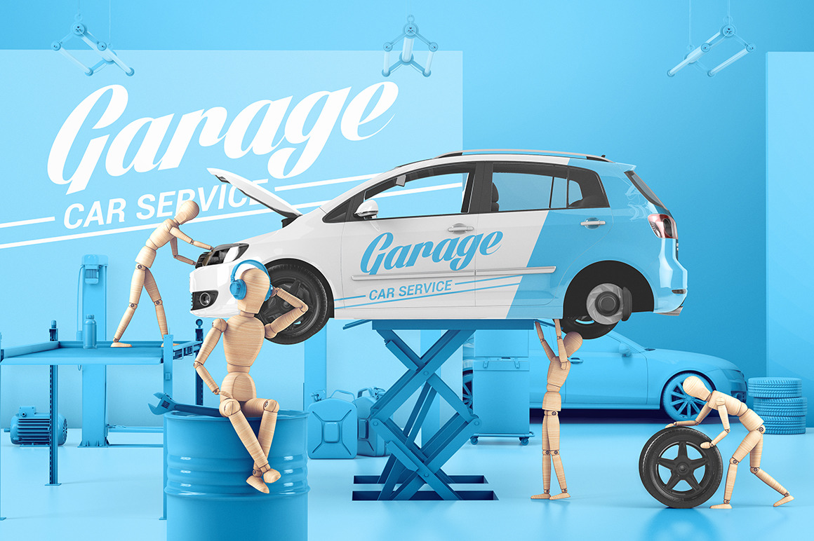 Car Service With Wooden Men Mockup Car Service With Wooden Men Mockup