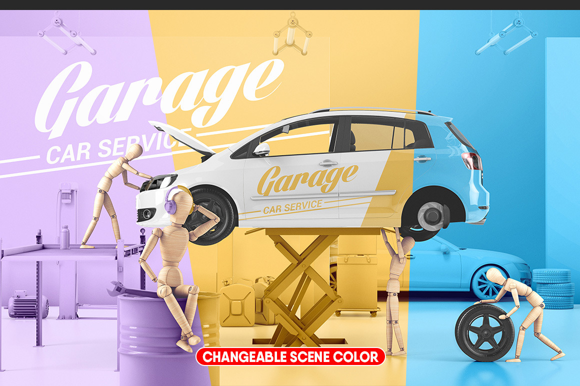 Car Service With Wooden Men Mockup Car Service With Wooden Men Mockup