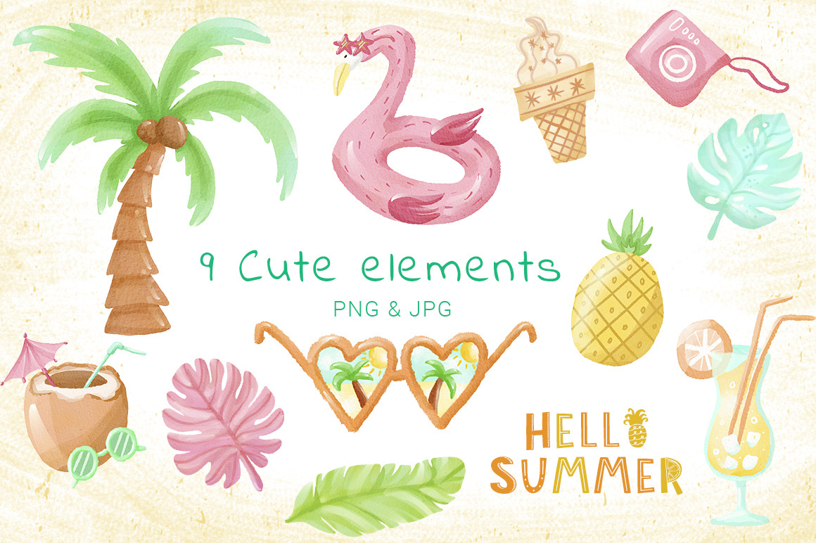 Hello Summer, Animals Clipart, Watercolor animals, Summertime Animals Clipart