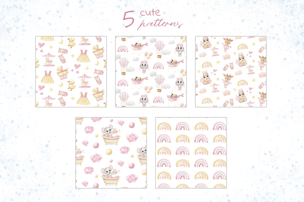 Baby girl clipart -baby pink graphics -watercolor baby shower clipart- baby animals, deer, raccoon