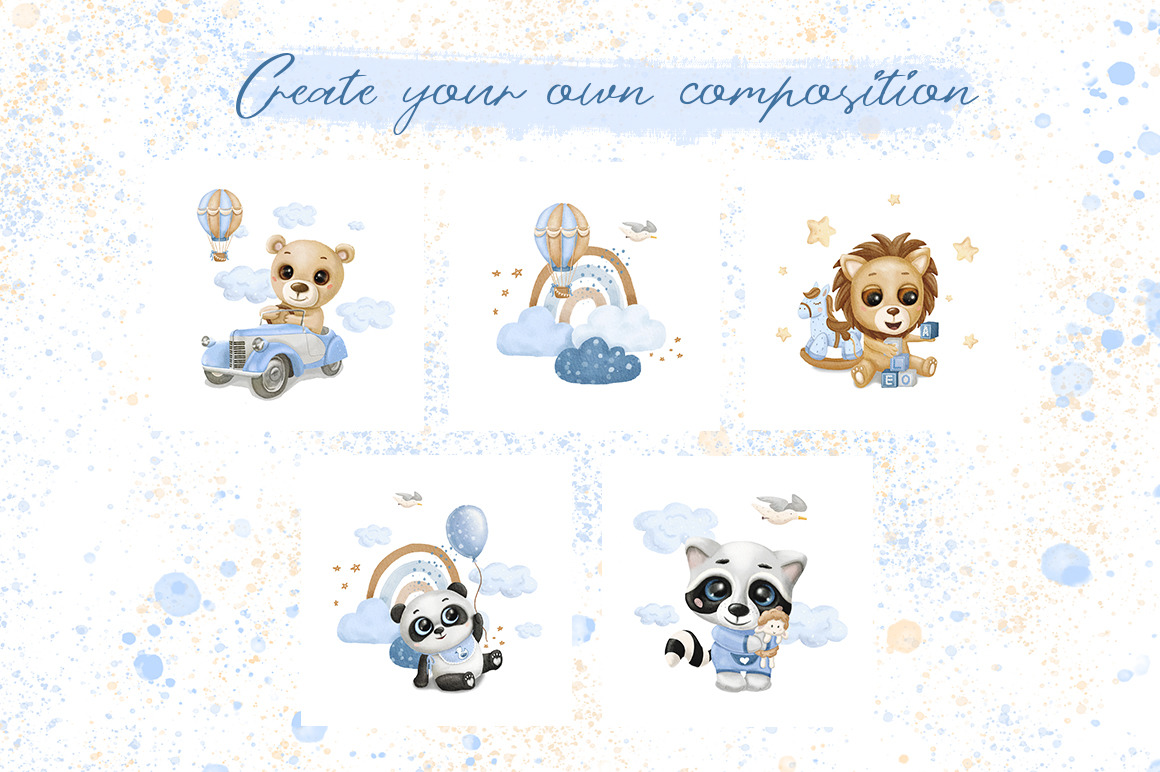 Baby Boy Watercolor Clip Arts, Bear, Lion, Raccoon, Panda, Toys, Animals, Kids Clipart, Boy Room,