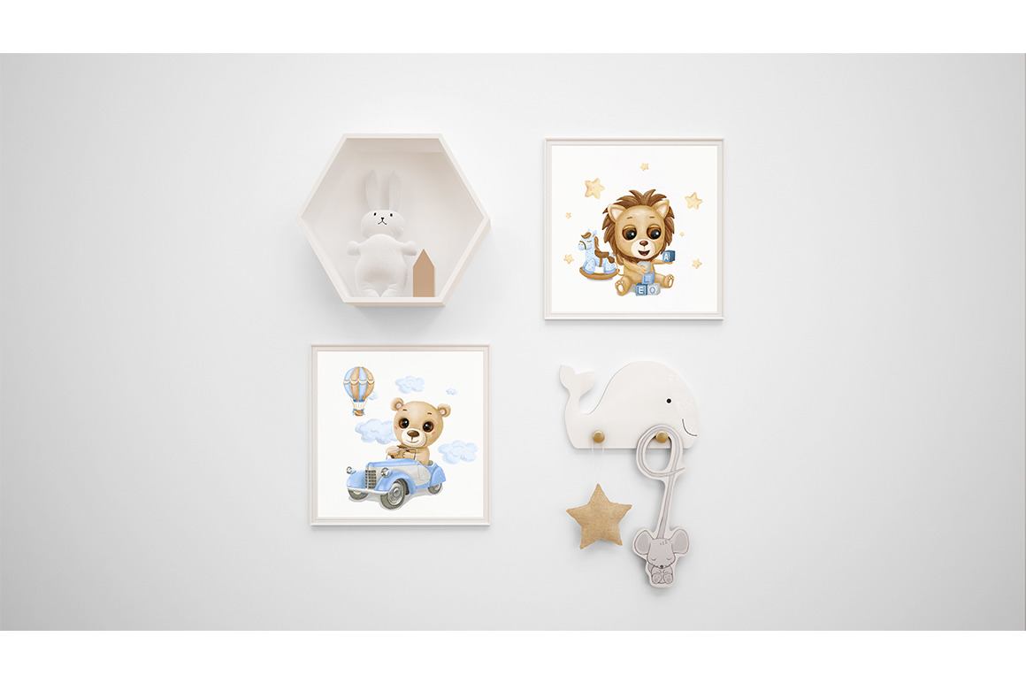 Baby Boy Watercolor Clip Arts, Bear, Lion, Raccoon, Panda, Toys, Animals, Kids Clipart, Boy Room,