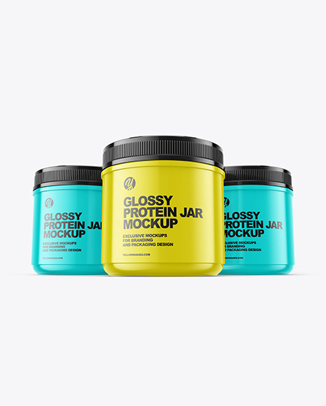 Three Glossy Protein Jars Mockup