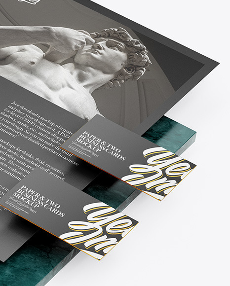 A4 Paper &amp; Two Business Cards with Marble Mockup