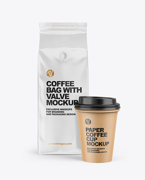 Glossy Coffee Bag with Cup Mockup