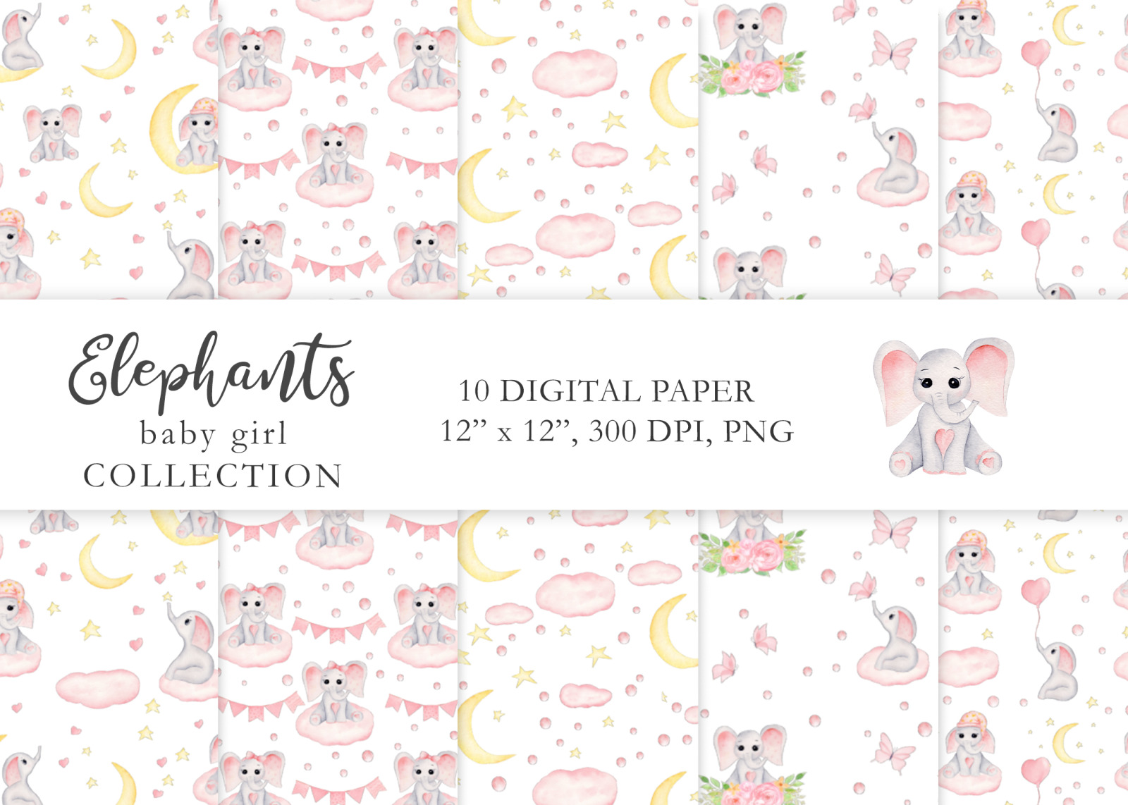 Watercolor Baby Girl Elephants Collection Watercolor Baby Girl Elephants Collection