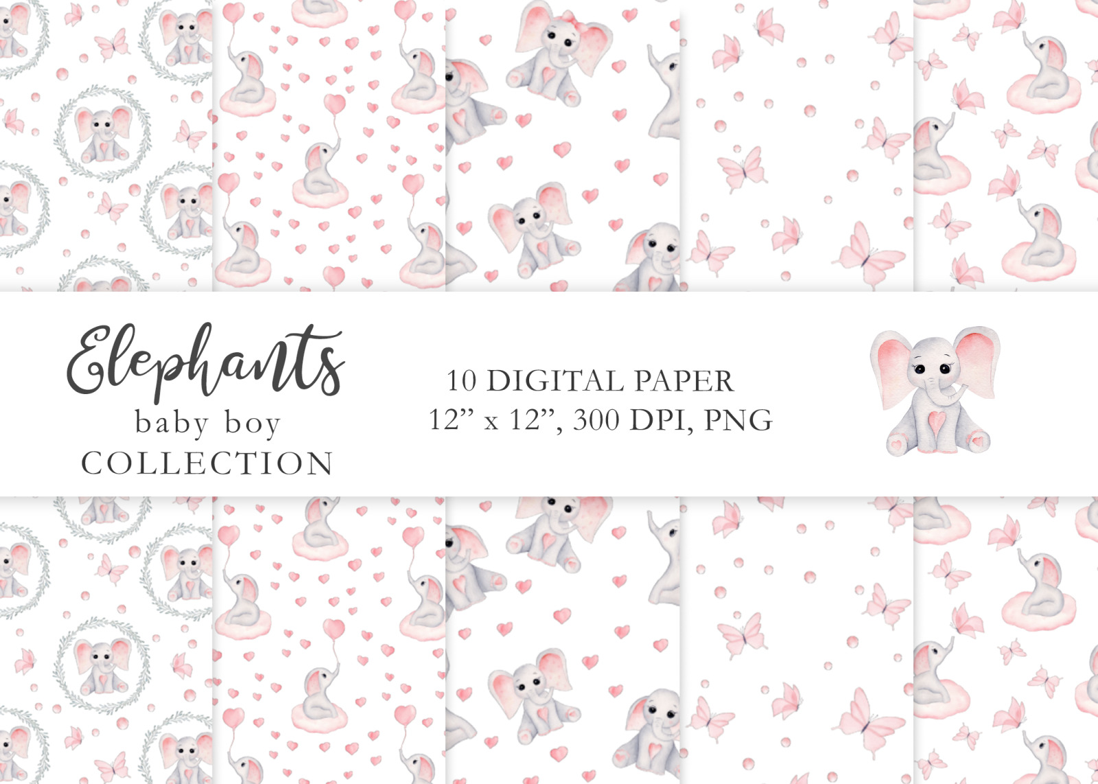 Watercolor Baby Girl Elephants Collection Watercolor Baby Girl Elephants Collection