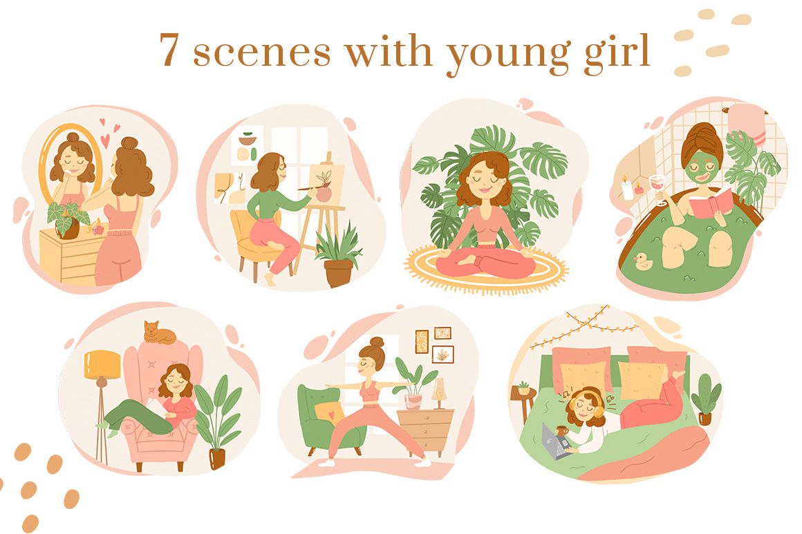 Happy at home. Woman's daily routine. Sweet home cliparts Happy at home. Woman's daily routine. Sweet home cliparts