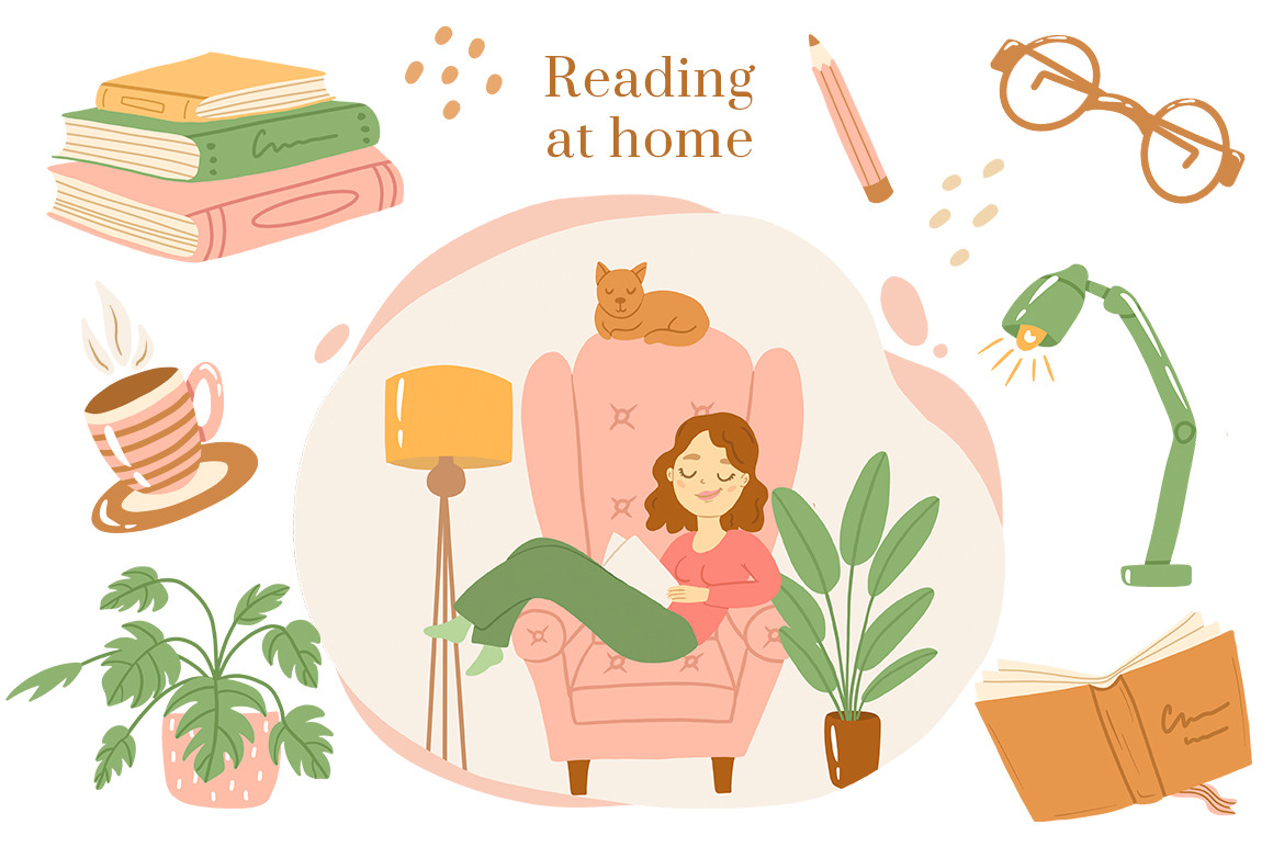 Happy at home. Woman's daily routine. Sweet home cliparts Happy at home. Woman's daily routine. Sweet home cliparts