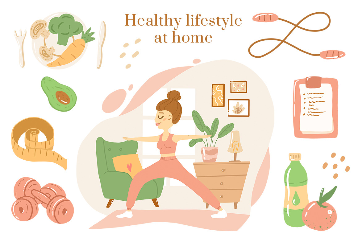 Happy at home. Woman's daily routine. Sweet home cliparts Happy at home. Woman's daily routine. Sweet home cliparts