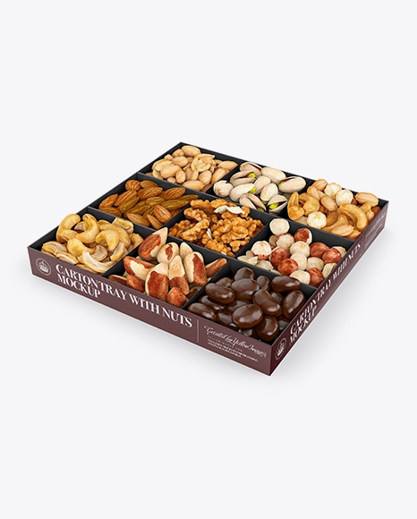 Carton Square Tray W/ Nuts Mockup - Halfside View (High Angle)