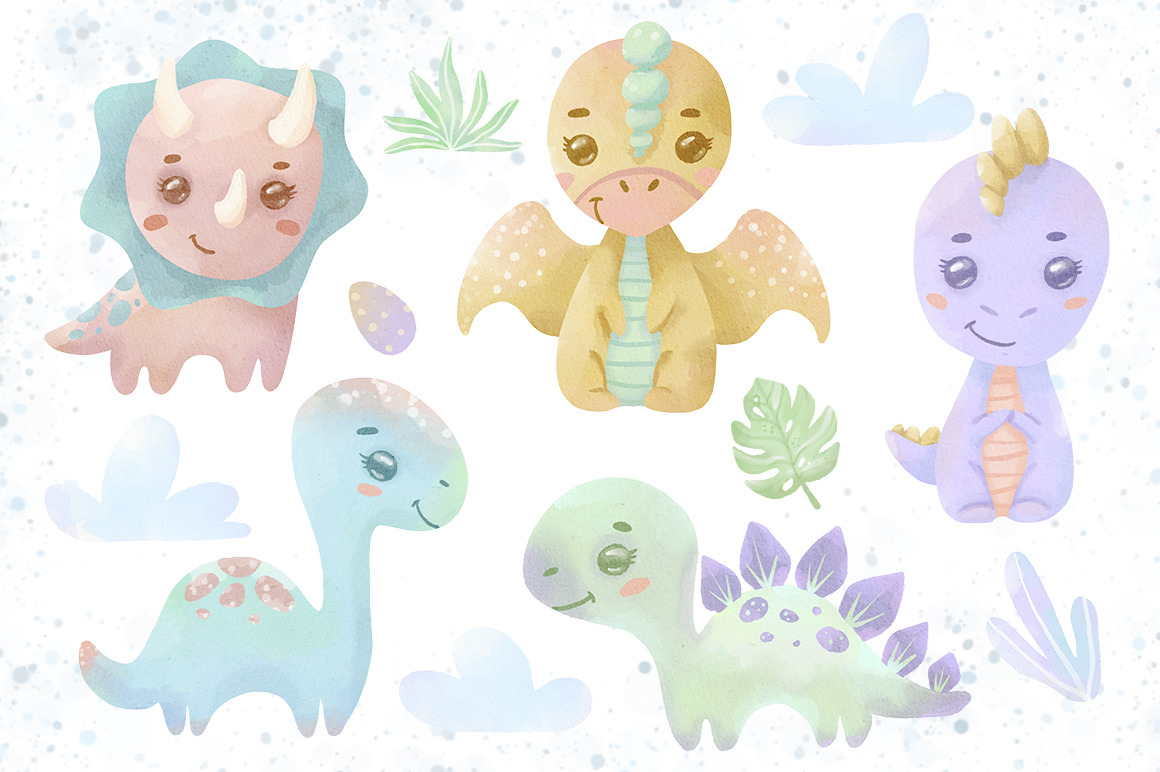 Watercolor Dinosaurs. Baby Dinosaurs