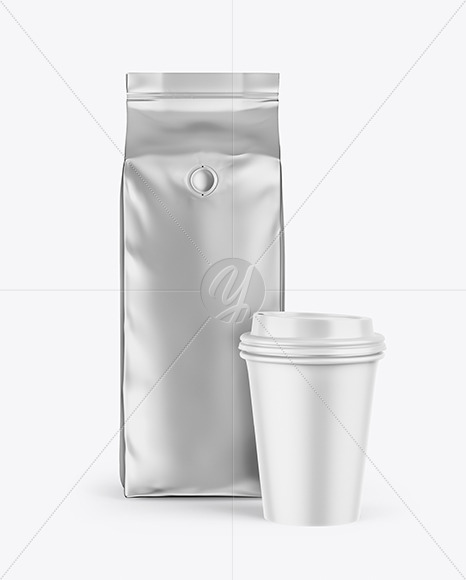 Metallic Coffee Bag with Cup Mockup