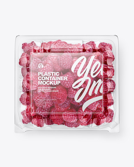 Clear Transparent Plastic Container with Raspberries Mockup – Top View