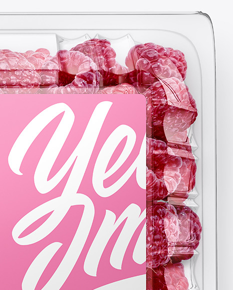 Clear Transparent Plastic Container with Raspberries Mockup – Top View