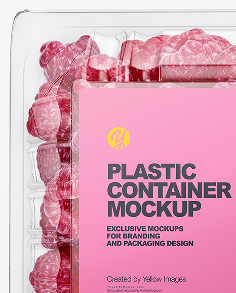 Clear Transparent Plastic Container with Raspberries Mockup – Top View