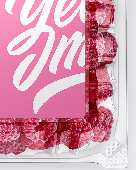 Clear Transparent Plastic Container with Raspberries Mockup – Top View