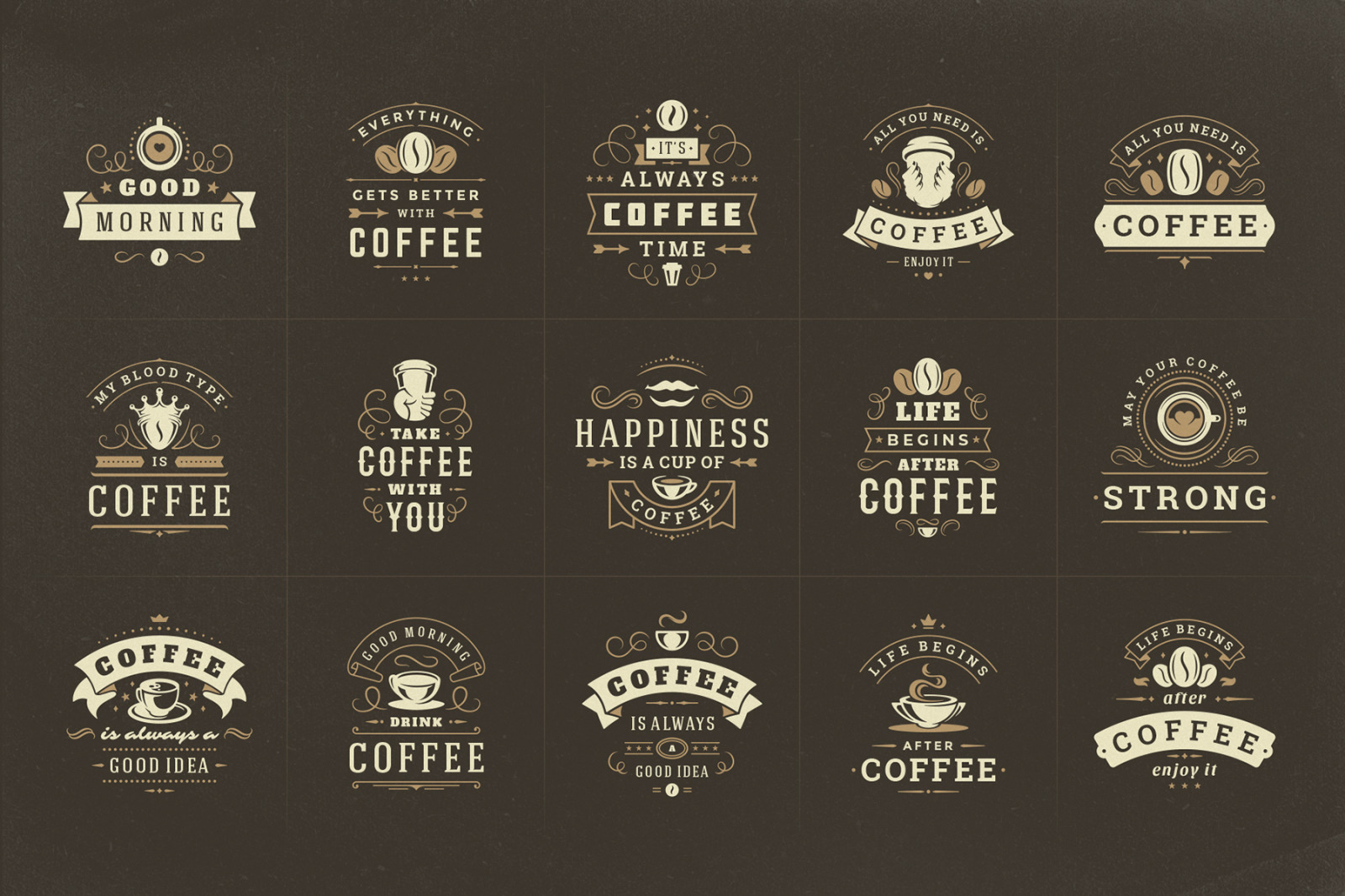 Coffee Quotes and Phrases set