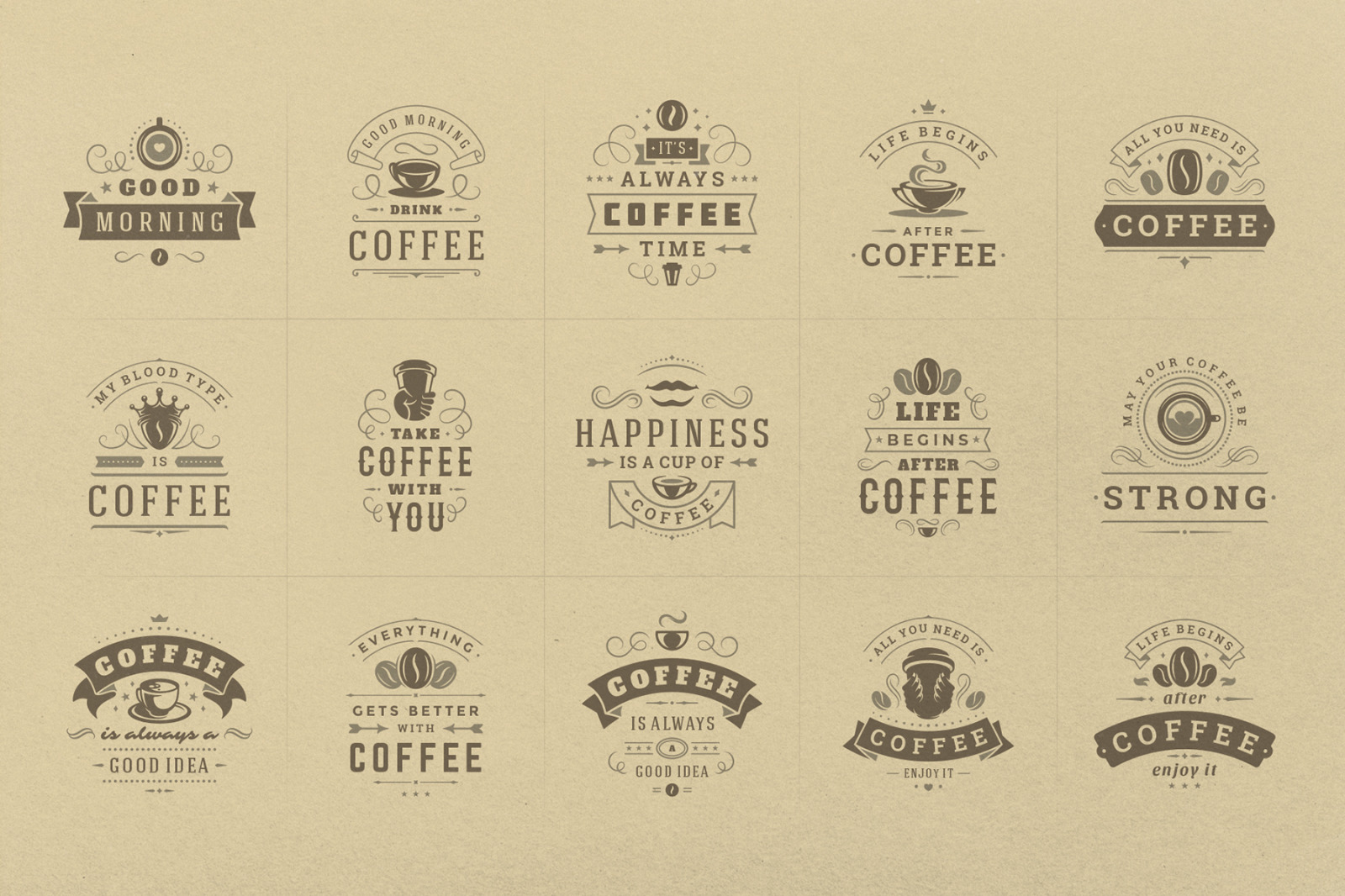 Coffee Quotes and Phrases set