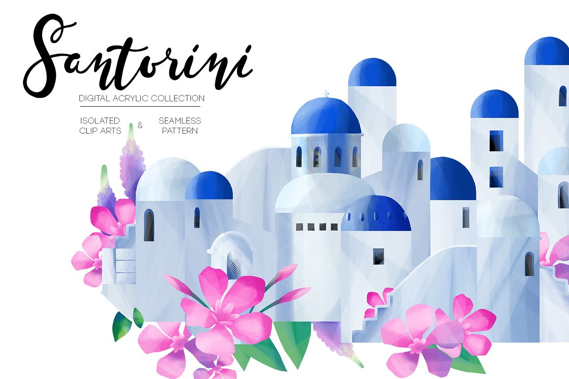 Santorini - digitally painted houses