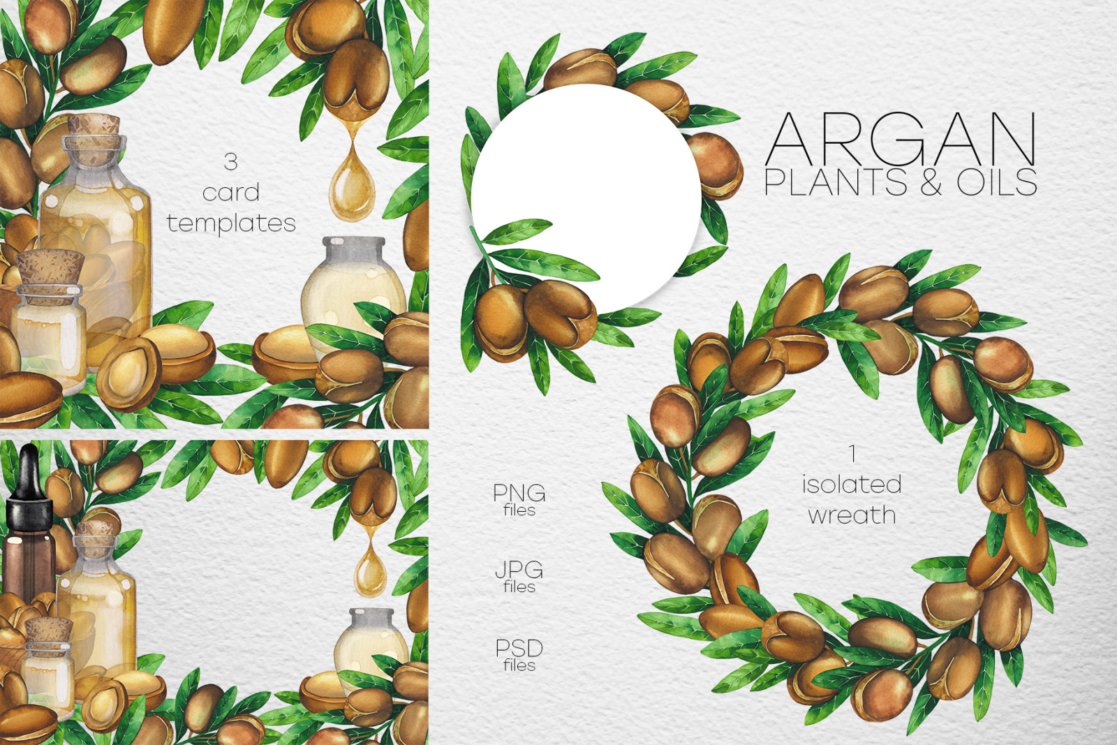 Watercolor argan plants and oils