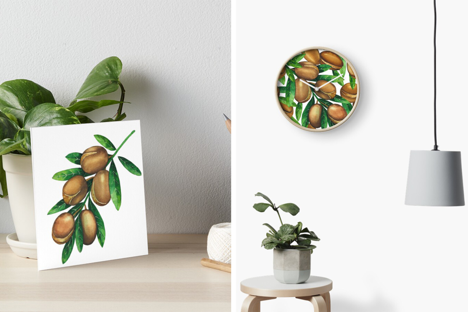 Watercolor argan plants and oils Watercolor argan plants and oils