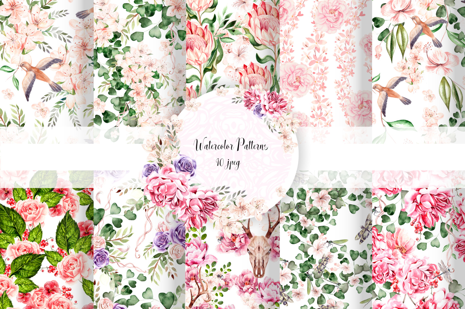 10 Hand Drawn Watercolor patterns