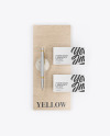 Two Business Cards &amp; Pen with Wood Mockup