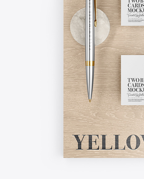 Two Business Cards &amp; Pen with Wood Mockup