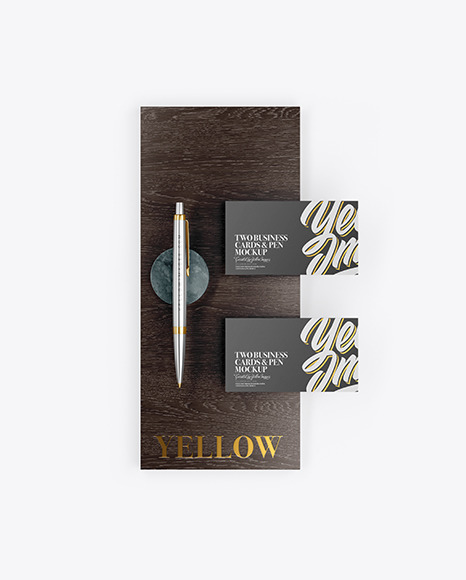 Two Business Cards &amp; Pen with Wood Mockup