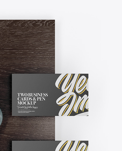 Two Business Cards & Pen with Wood Mockup