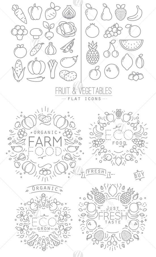 Flat Fruits &amp; Vegetables Icons