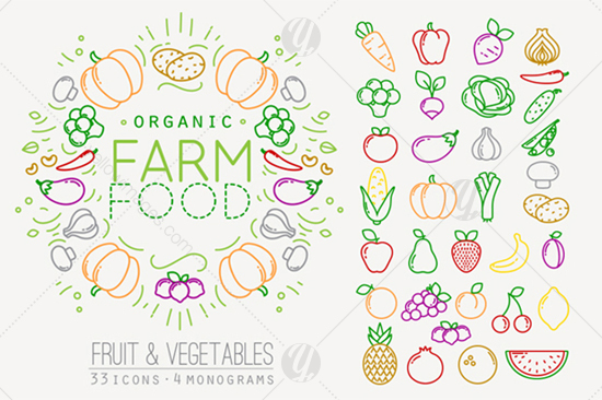 Flat Fruits &amp; Vegetables Icons