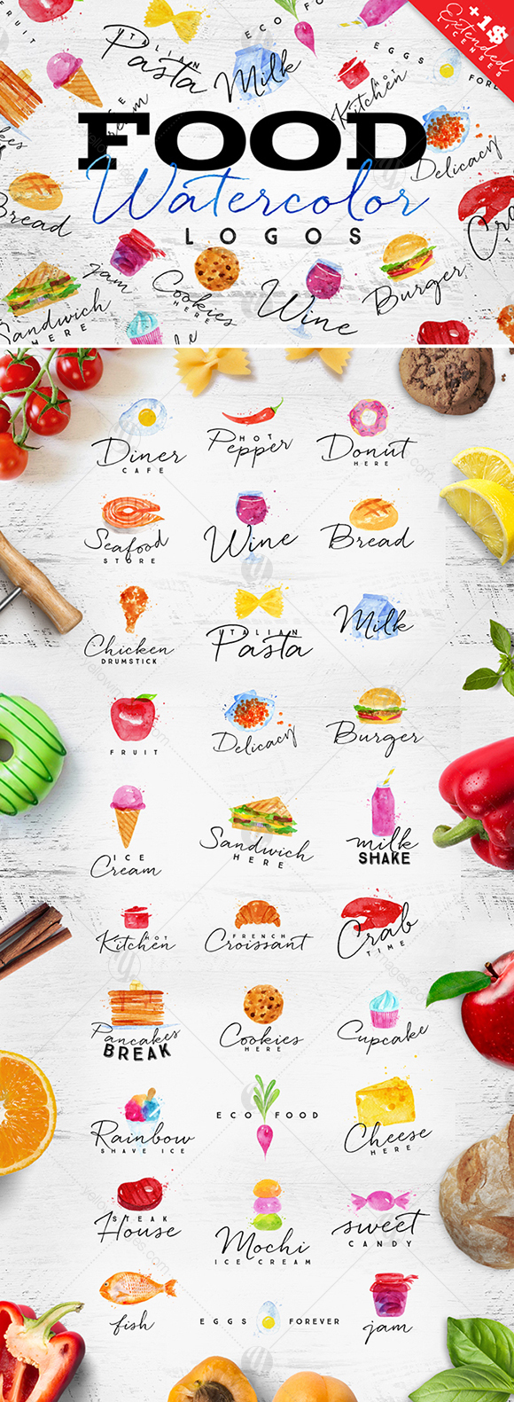 Food Watercolor Logos Food Watercolor Logos