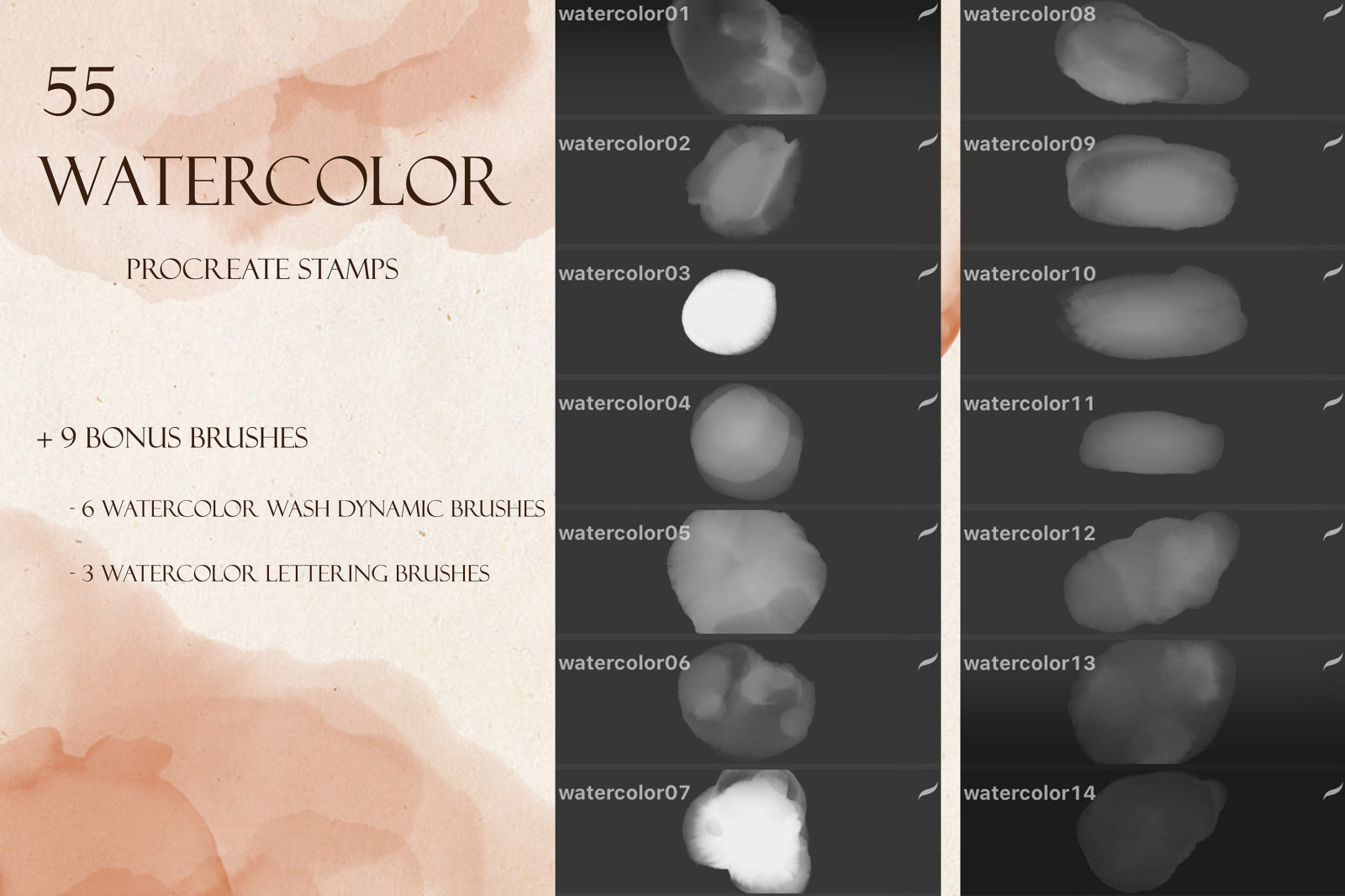 Delicate Watercolor Procreate Brush Set, 55 Realistic Watercolor Stamps for Procreate