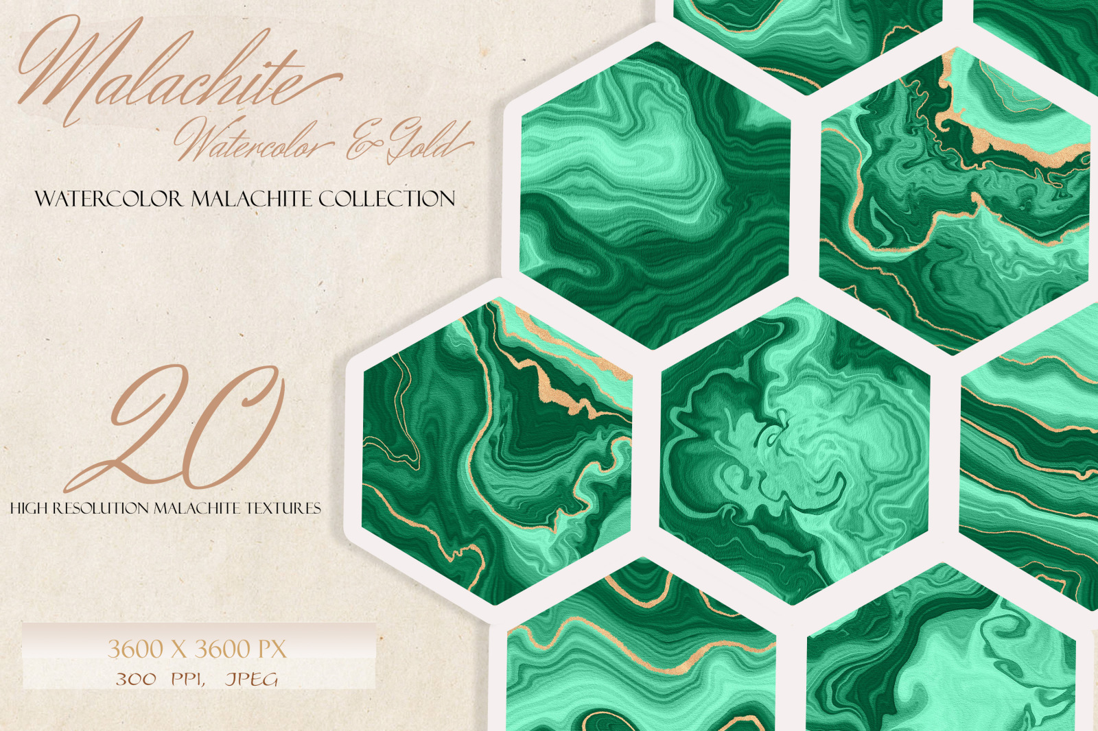 Malachite &amp; Gold Textures, Set of 20 Watercolor Geode Textures with Golden Veins