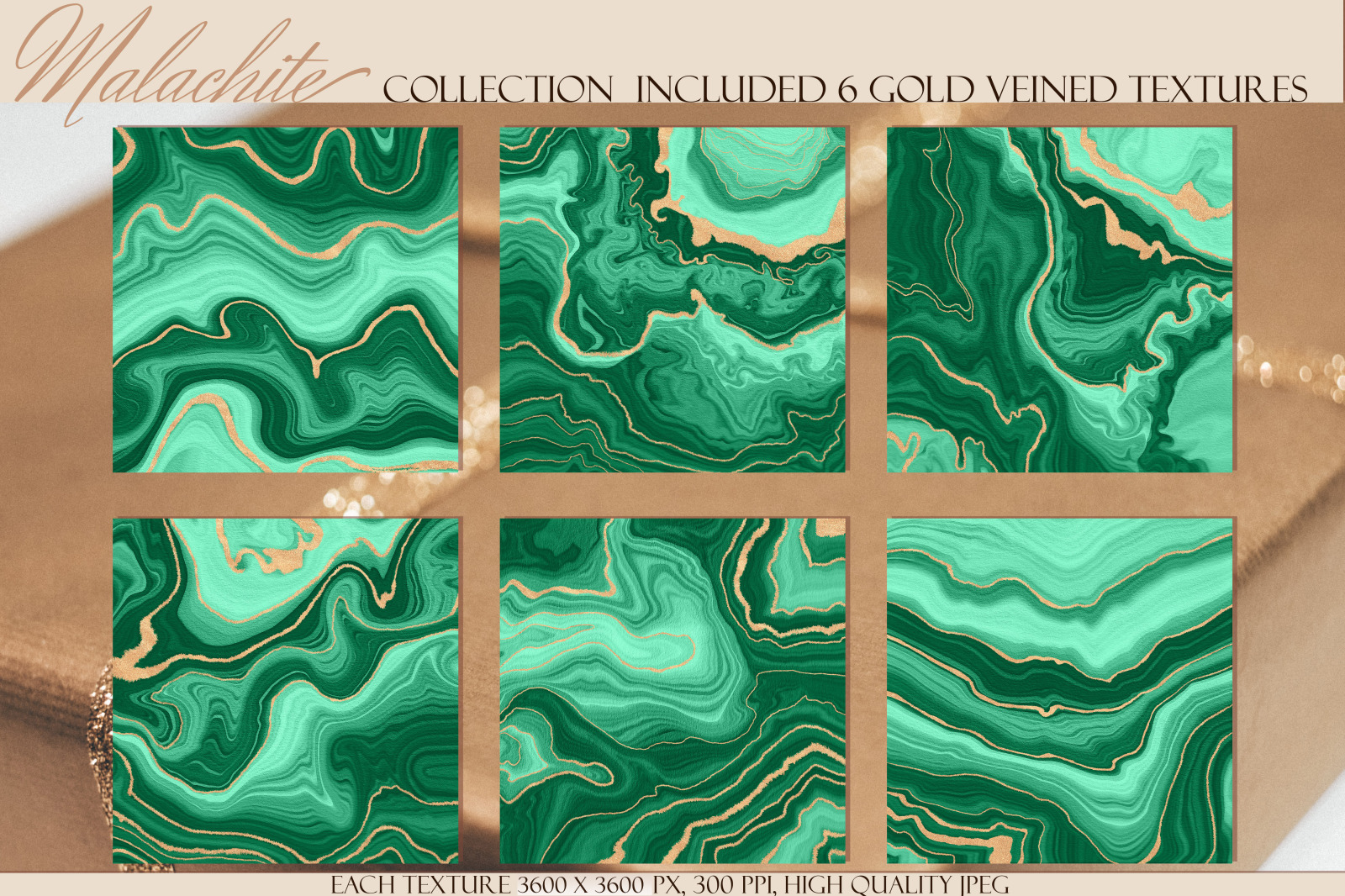 Malachite &amp; Gold Textures, Set of 20 Watercolor Geode Textures with Golden Veins