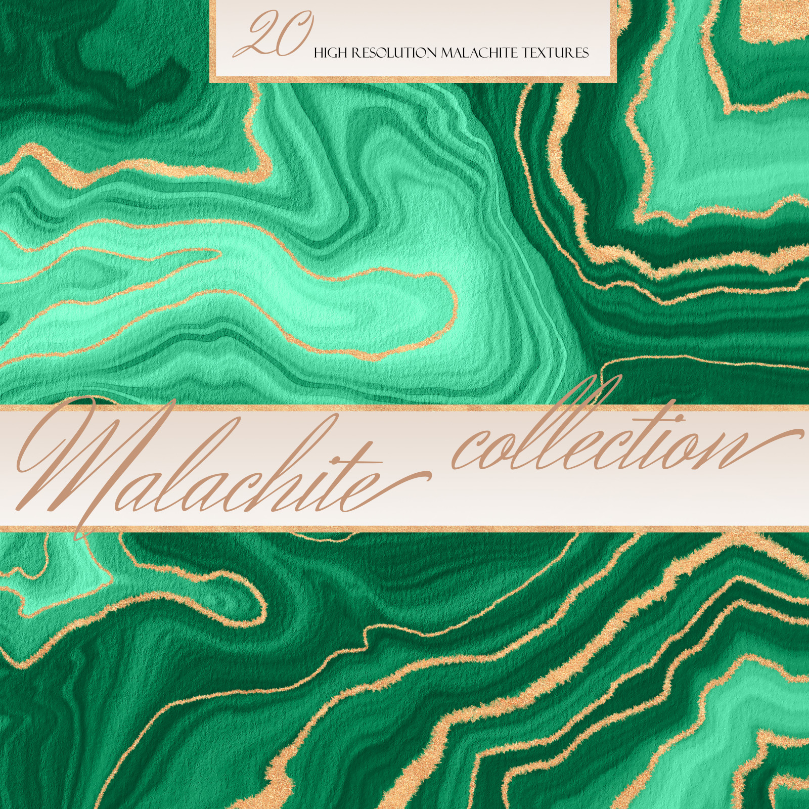 Malachite &amp; Gold Textures, Set of 20 Watercolor Geode Textures with Golden Veins