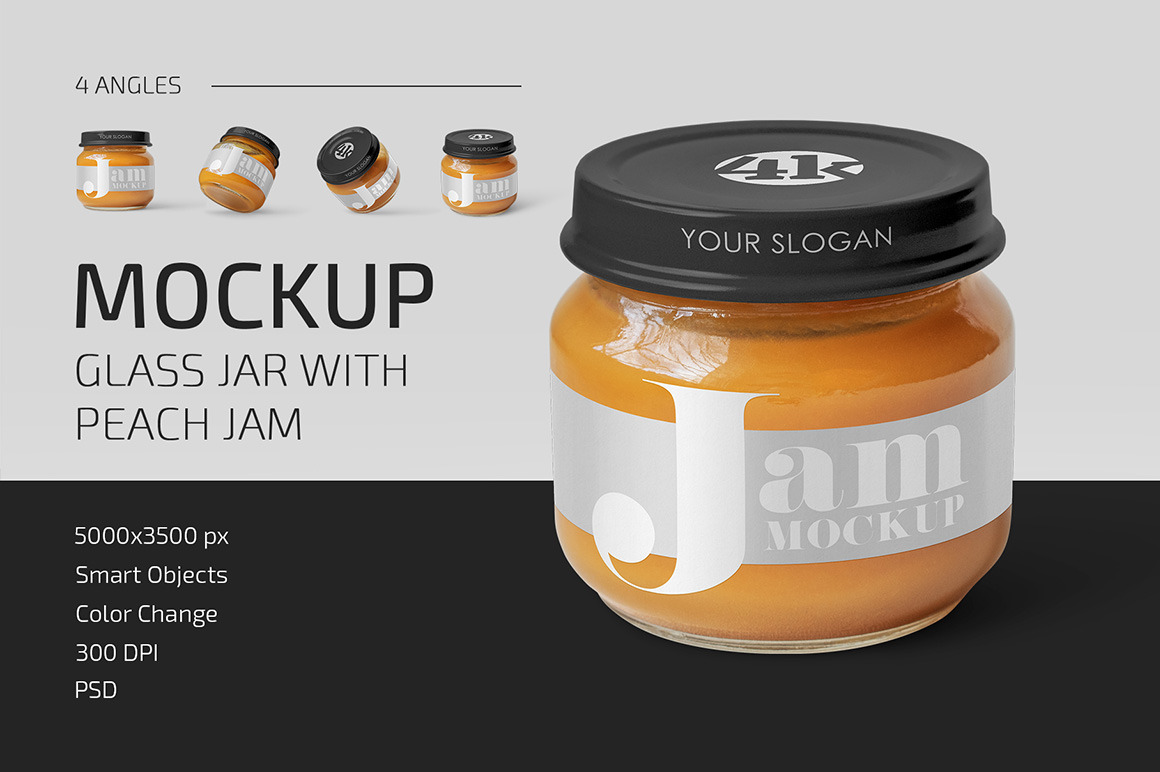 Glass Jar with Peach Jam Mockup Set Glass Jar with Peach Jam Mockup Set