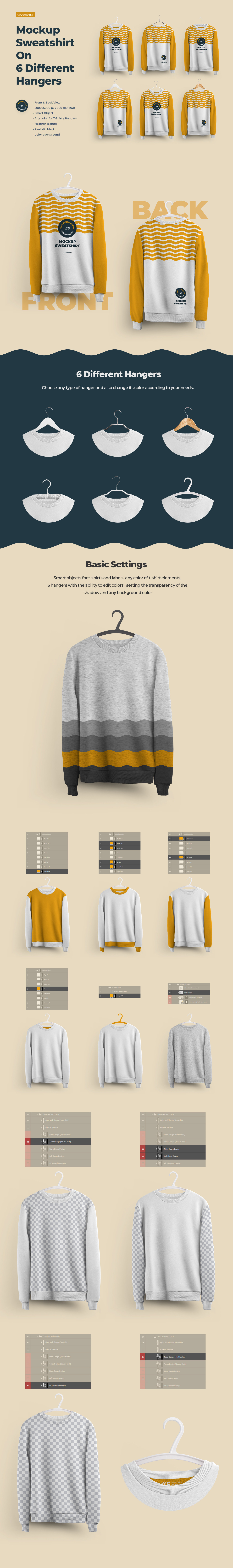 Front and Back Sweatshirt Mockup On 6 Different Hangers