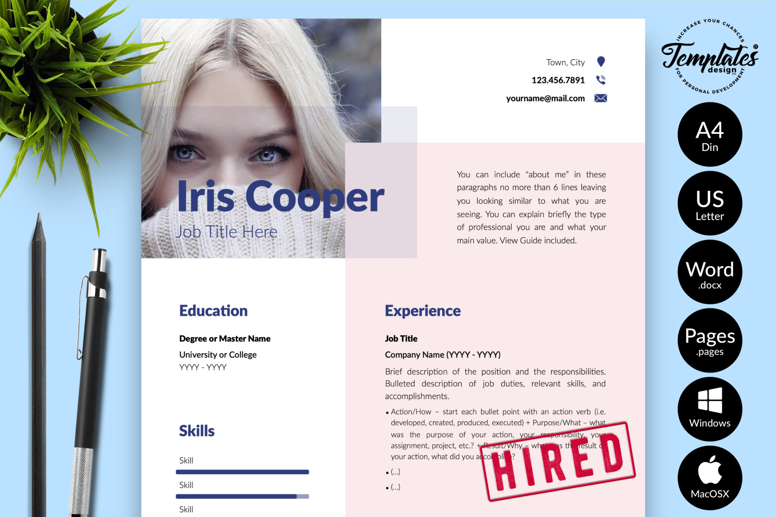 Modern Resume Template for Microsoft Word &amp; Apple Pages // Iris Cooper CV Design Template