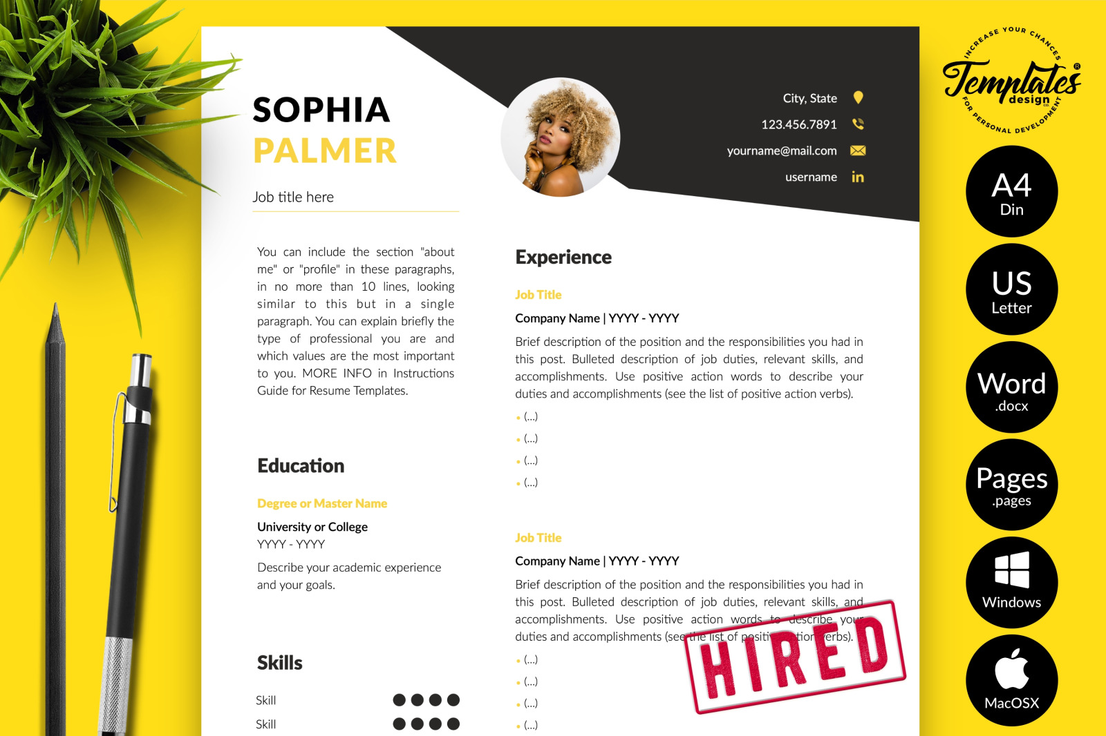 Modern Resume Template for Microsoft Word &amp; Apple Pages // Sophia Palmer CV Design Template