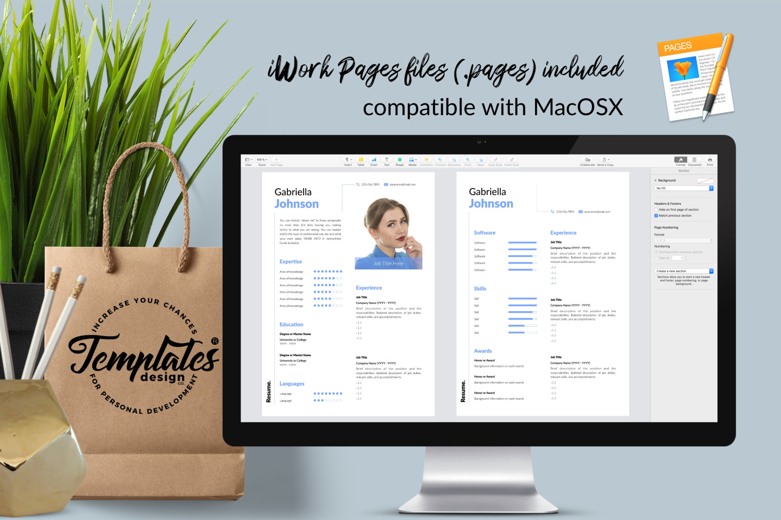 Creative Resume Template for Microsoft Word &amp; Apple Pages // Gabriella Johnson CV Design Template