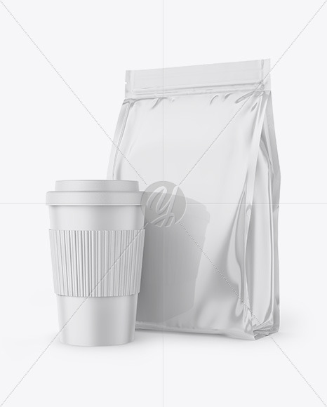 Glossy Stand-Up Bag with Coffee Cup Mockup