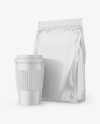 Glossy Stand-Up Bag with Coffee Cup Mockup