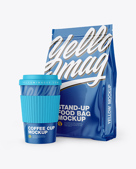 Glossy Stand-Up Bag with Coffee Cup Mockup