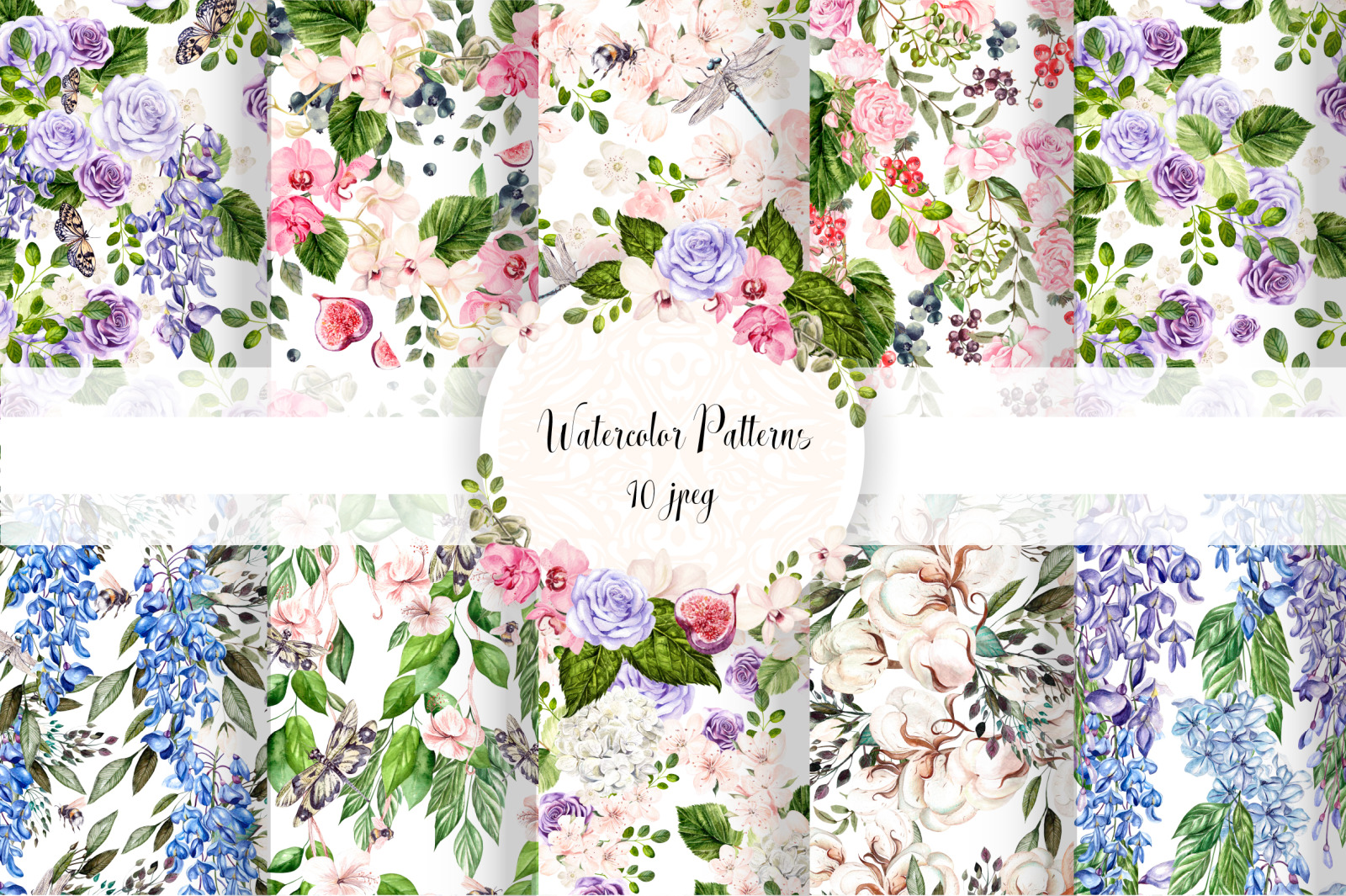 10 Hand Drawn Watercolor patterns